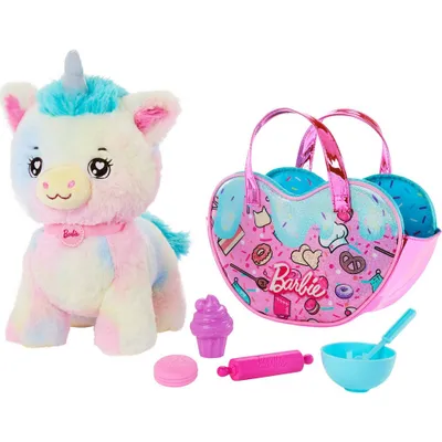 Barbie Chef Pet Adventure Stuffed Animal, Unicorn Toys, Plush with Purse and 5 Accessories