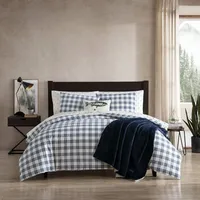 Eddie Bauer 3pc Full/Queen Basic Plaid Duvet Set Navy Blue: Cotton Percale, OEKO-TEX Certified, Includes Shams