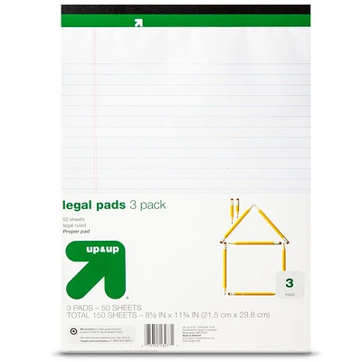 3pk Legal Pads 50 Sheets/Pack - up&up: White & Yellow, 8.5x11 Inch, Law Ruled, Tape Binding, Back-To-School Essentials