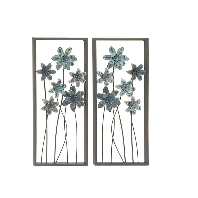 Metal Floral Wall Decor with Black Frame Set of 2 Gray - Olivia & May