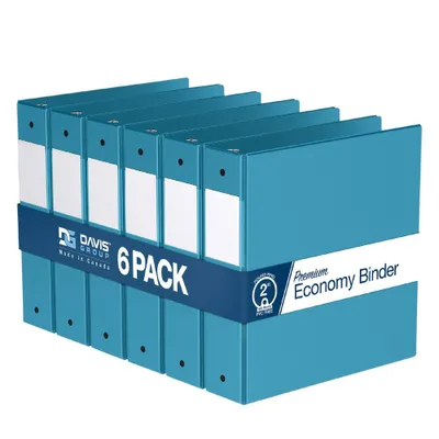 Davis Group 6pk 2 Premium Economy Round Ring Binders Turquoise Blue: Hard Cover, 400 Sheet Capacity, 2 Pockets, Polypropylene