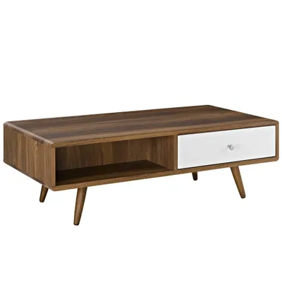 Transmit Coffee Table Walnut White - Modway: Mid-Century Modern, Storage, Tapered Legs