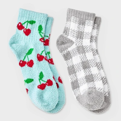 Women Cherrie & Gingham Plaid 2pk Cozy Quarter Crew Sock - Aqua/ 4-10