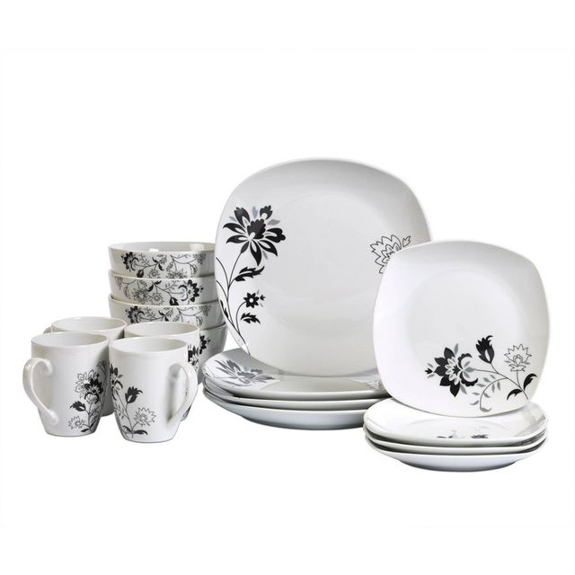 16pc Porcelain Rebecca Dinnerware Set - Tabletops Gallery: Floral Dishware, Service for 4, Hand Wash & Dishwasher Safe