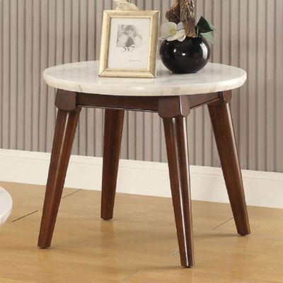 24 Gasha Accent Table White Marble Top/Walnut - Acme Furniture: Round, Wood Legs, No Tools Assembly