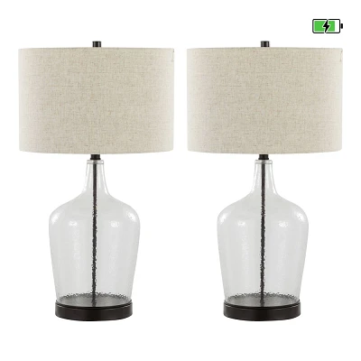 LumiSource (Set of 2) Botella 28 Contemporary Table Lamps Dimpled Glass and Oil Bronze Metal with Natural Linen Shade