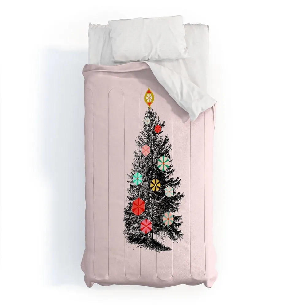 Showmemars Retro Christmas Tree 2 Polyester Comforter and Pillow Shams Black