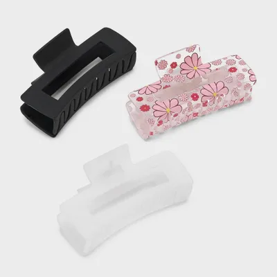 Flower and Solid Rectangle Claw Hair Clip Set 3pc - Wild Fable Pink/Black/White