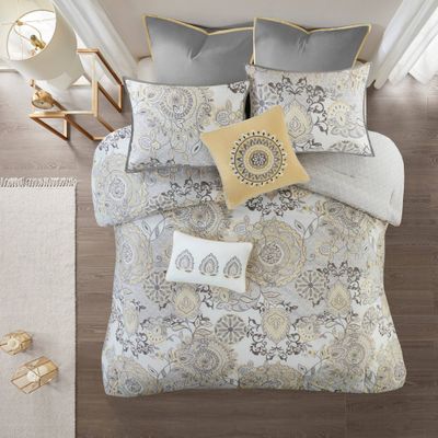 Madison Park 8pc Lian Cotton Floral Printed Reversible Comforter Set Yellow: Includes Shams & Bed Skirt