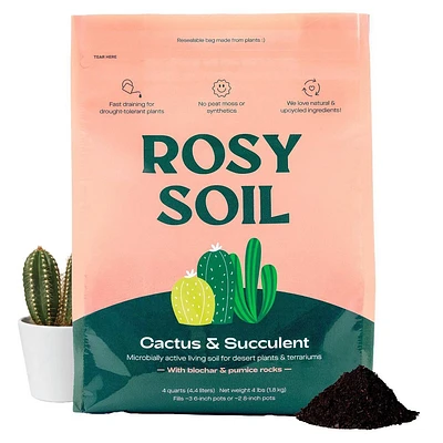 Rosy Soil 4lb Cactus & Succulent Mix Potting Soil: Organic Blend for Indoor Plants, Moisture Control, Peat-Free