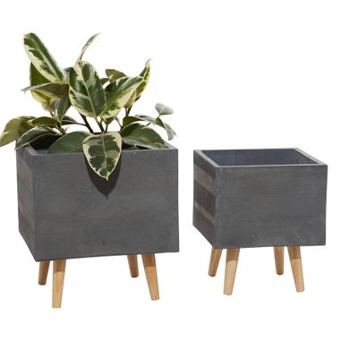 Set of 2 Fiberclay Square Planters Dark Gray - Olivia & May: Ceramic Planter Boxes, Freestanding Design