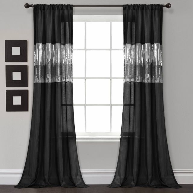 84x42 Night Sky Light Filtering Window Curtain Panel Black - Lush Dcor: Modern Stripe Microfiber Rod Pocket