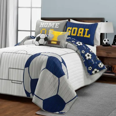 5pc Soccer Game Reversible Oversized Kids Quilt Set White/Navy Blue - Lush Dcor