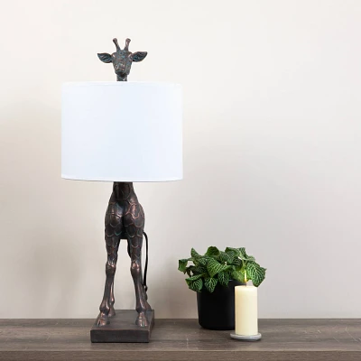 Storied Home Giraffe Table Lamp with Linen Shade Bronze Finish: ETL Listed, Polyresin, Drum Shade