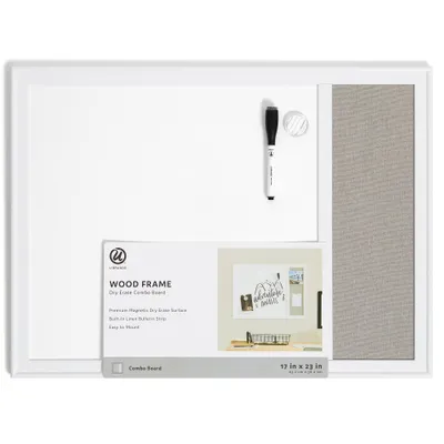 U Brands 17x 23 Minimal Deco Frame Combination Board Gray Linen/White: Magnetic Whiteboard & Bulletin Board