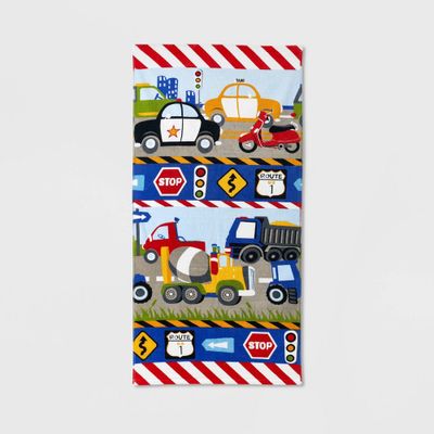 Trains and Trucks Printed Kids Bath Towel - Dream Factory: Cotton Velour, Midweight, Machine Washable, 50x25