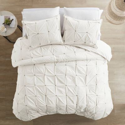 Masie King/California King 3pc Elastic Embroidered Comforter Set White: Ink+Ivy, Hypoallergenic, 200TC, Cotton Percale