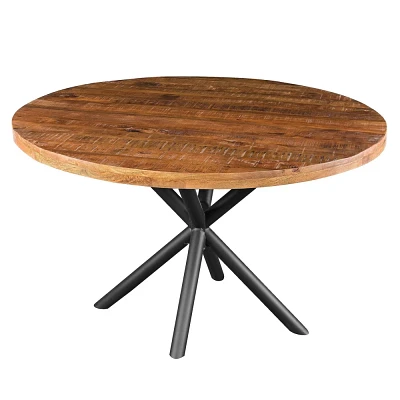 The Urban Port 48 Handcrafted Dining Table Solid Mango Wood Round Top with Iron Crisscrossed Legs Natural Brown/Black