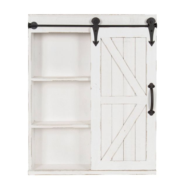 Decorative Wood Wall Storage Cabinet with Vanity Mirror and Sliding Barn Door Rustic White - Kate & Laurel All Things Decor: