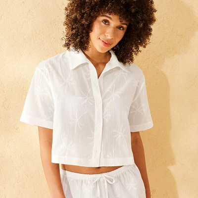 Womens Palm Embroidered Button-Up Short Sleeve Swim Cover Up Top