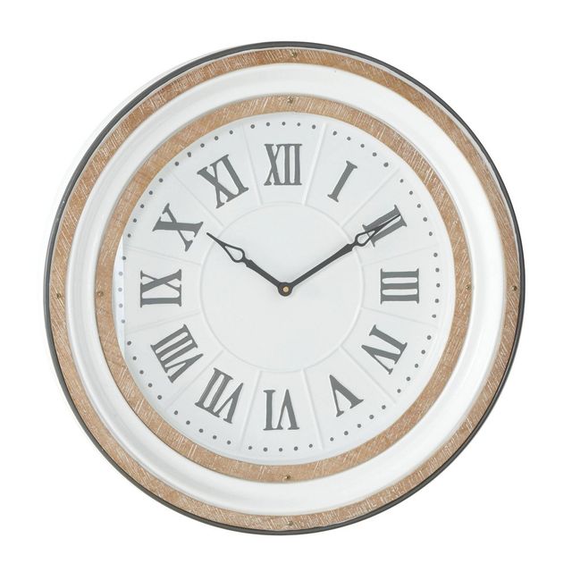 Farmhouse Metal Vintage Wall Clock White - Olivia & May: Silent Mechanism, 24 Size, Round Shape