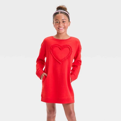 Girls Long Sleeve French Terry Heart Valentines Day Dress