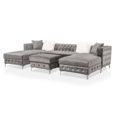 HOMES: Inside + Out Elmhurst U Shaped Deep Button Tufted Sectional with Ottoman Gray : Modular, Transitional Style Sofa