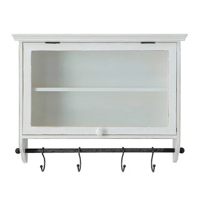 Storied Home Wood and Glass Wall Cabinet with Hooks: Modern Accent Cabinet, No Assembly Required