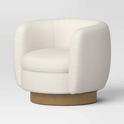 Upholstered Barrel Swivel Accent chair with Wood Base Cream -Threshold