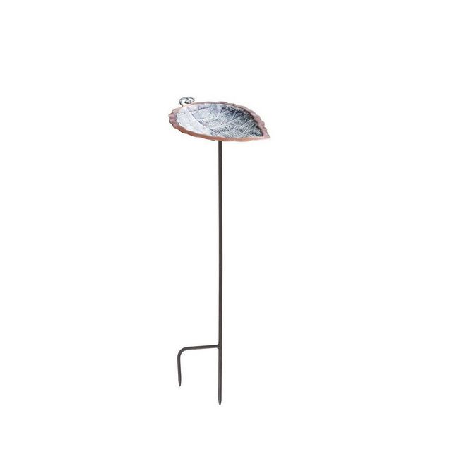 3 Aspen Leaf Birdbath with Stake, Antique Brass Plated, Outdoor, Iron Stand - Achla Designs