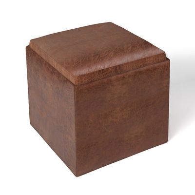 WyndenHall 17 Townsend Cube Storage Ottoman with Tray : Upholstered Leather Pouf, Wood Frame