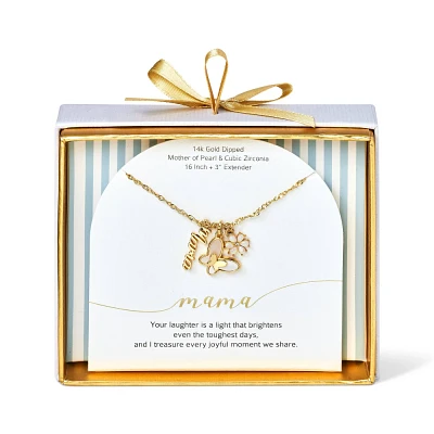 14K Gold Dipped Cubic Zirconia Mama Butterfly and Flower Charm Pendant Necklace - Gold