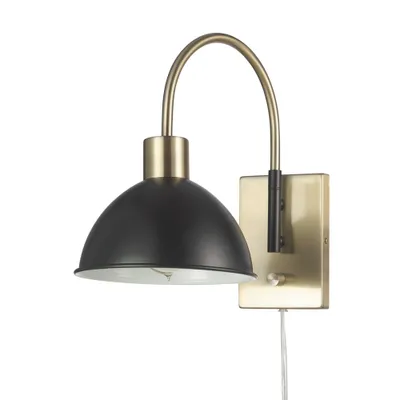 Ivy 1-Light Matte Brass Plug-In or Hardwire Wall Sconce with Matte Black Accents - Globe Electric: Vintage Style, ETL Listed, Steel Body