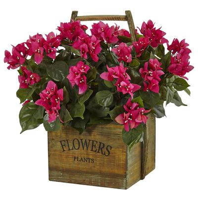 Nearly Natural 20 x 18 Artificial Bougainvillea Flowering Plant in Rustic Wood Planter Pink - Indoor Silk Decor