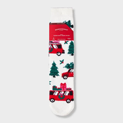 Men Winter Road Trip Cozy Crew Sock with Gift Card Holder - Wonderhop White 6-12