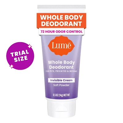 Lume Whole Body Womens Deodorant - Mini Invisible Cream Tube - Aluminum Free - Soft Powder Scent - Trial Size - 0.5oz