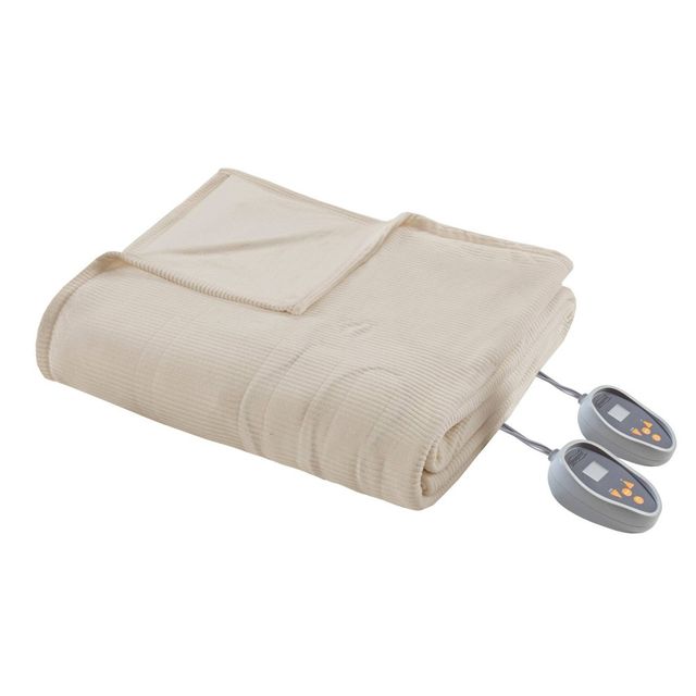 Knitted Micro Fleece Electric Heated Blanket (Queen) Natural - Beautyrest: 5-Year Warranty, Machine Washable, Midweight