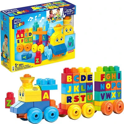 MEGA ABC Musical Train Preschool Building Block Train Toy with Alphabet Blocks for Learning Letters Plus Real Sounds and Music 50pc