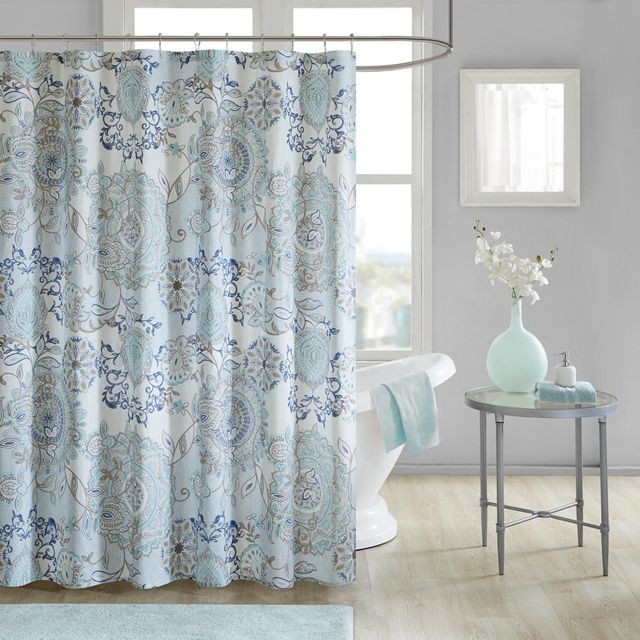 72x72 Lian Printed Cotton Shower Curtain - Madison Park: Botanical Percale, Easy Care