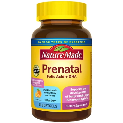 Nature Made Prenatal with Folic Acid + DHA, Prenatal Vitamin and Mineral Supplement Softgels