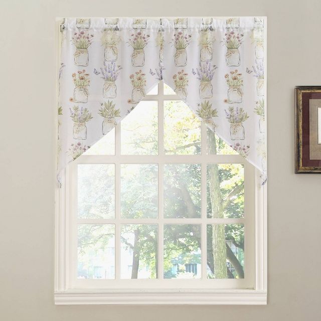 No. 918 White Mariela Floral Trim Semi-Sheer Rod Pocket Kitchen Curtain Valance and Tiers Set
