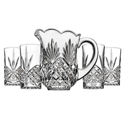 Godinger Silver 5pc Dublin Crystal Pitcher and Highball Set: Hand Wash, Clear Crystal, Service for 4, Hot/Cold Beverages