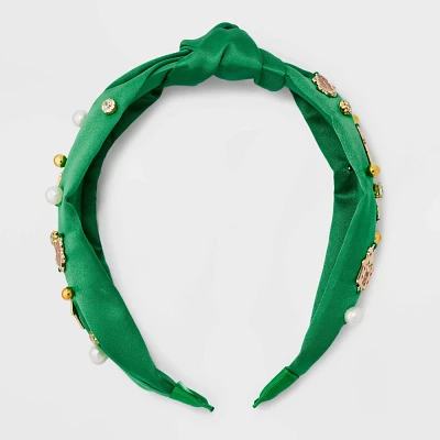 Gingerbread Icons Embellished Top Knot Headband - Green/Brown