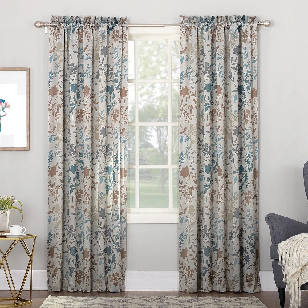 Sun Zero Room Darkening Helen Floral Print Rod Pocket Curtain Panel Stone