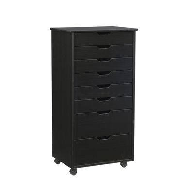 Linon Cary Transitional 8 Drawer Rolling Cart : Contoured Handle Cut Outs, Pine Frame