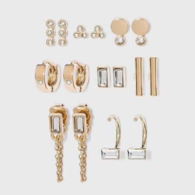 Crytal Baguette Stud and Small Hoop Earring Set 8pc - A New Day Gold