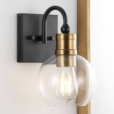 5.88 1-Light Marais Iron/Glass Rustic Vintage LED Vanity Light Black/Gold - JONATHAN Y: Bathroom Wall Sconce, Edison Bulb