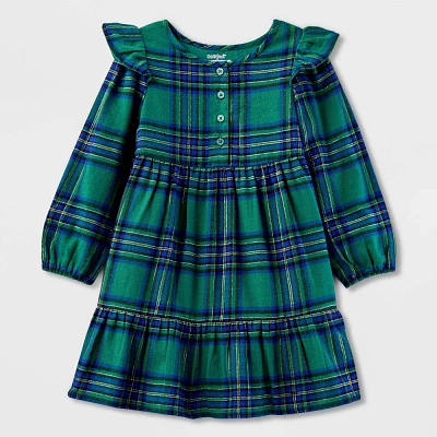 Toddler Girls Adaptive Long Sleeve Plaid Flannel Dress - Cat & Jack Dark Green