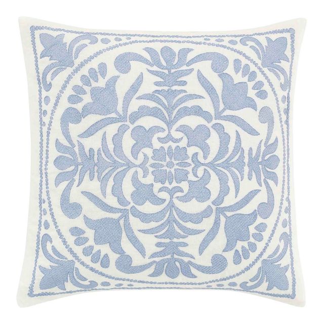 18x18 Mila Embroidered Medallion Throw Pillow Blue - Laura Ashley: Faux Linen, Cotton Blend, Indoor Square Cushion