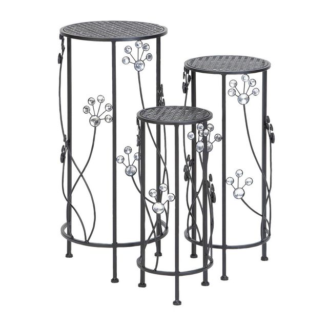 Set of 3 Iron Plant Stands with Floral Bead Details - Olivia & May: Freestanding Metal Planter Shelf